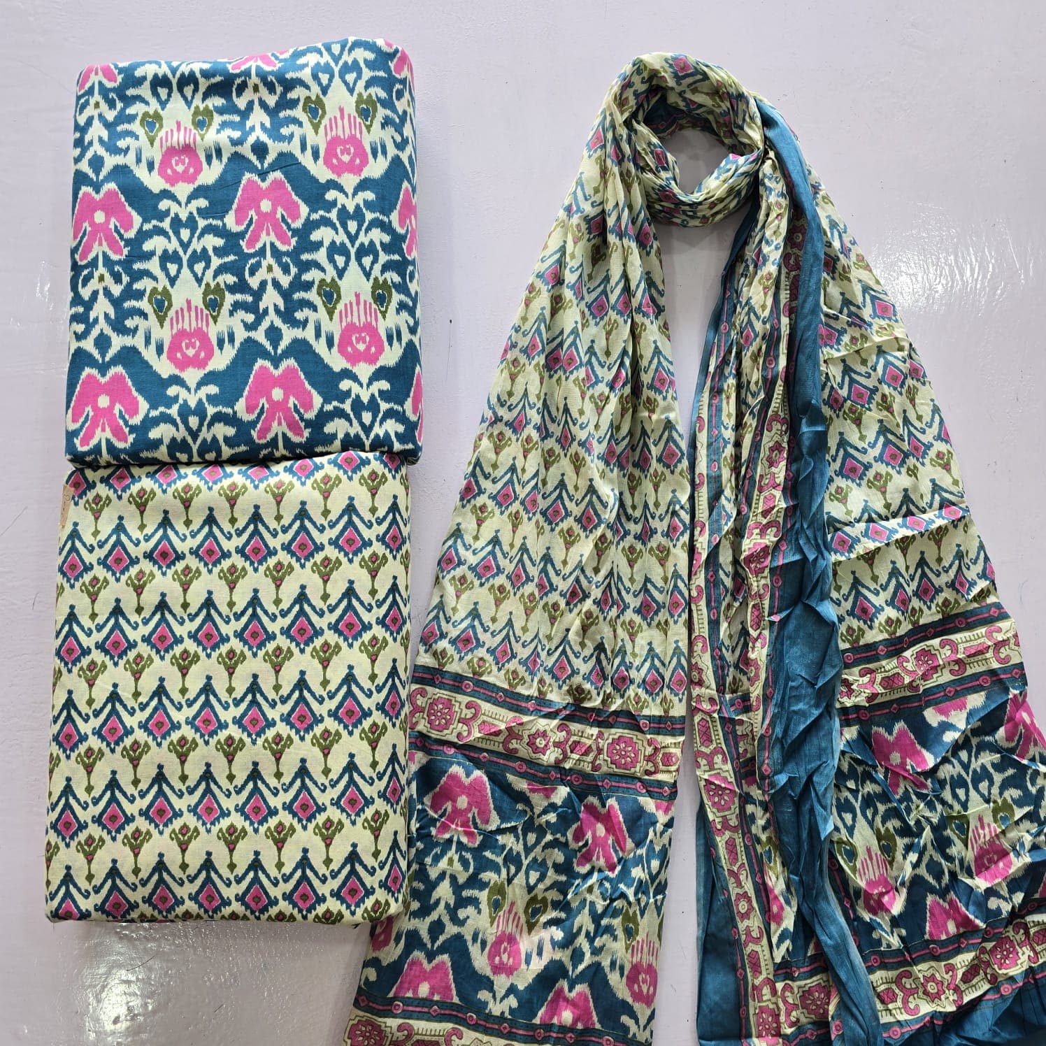 Ikat Floral 3Pc Suit Set — Teal & Pink