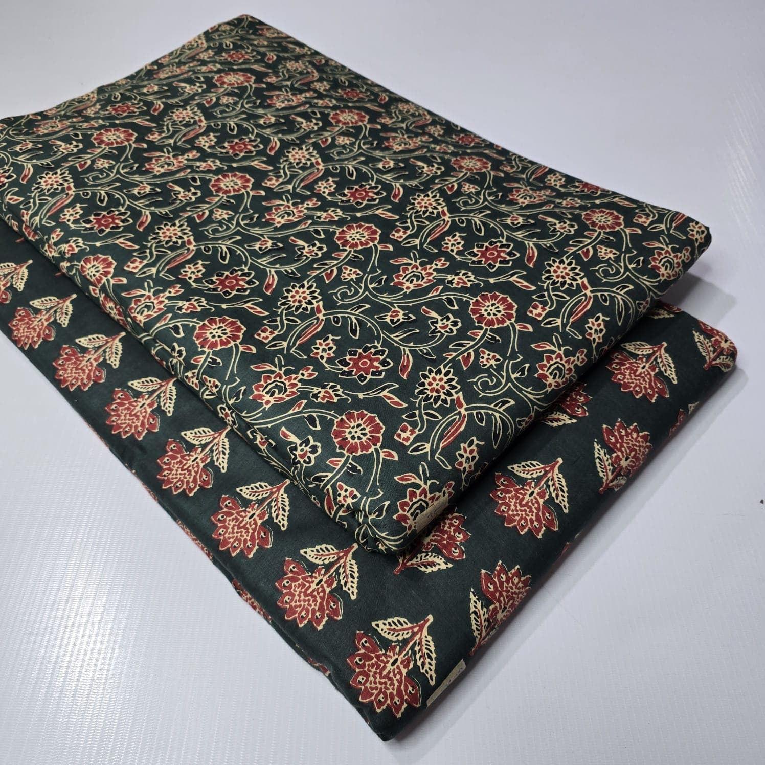 Ajrakh Floral Vine Cotton — Bottle Green