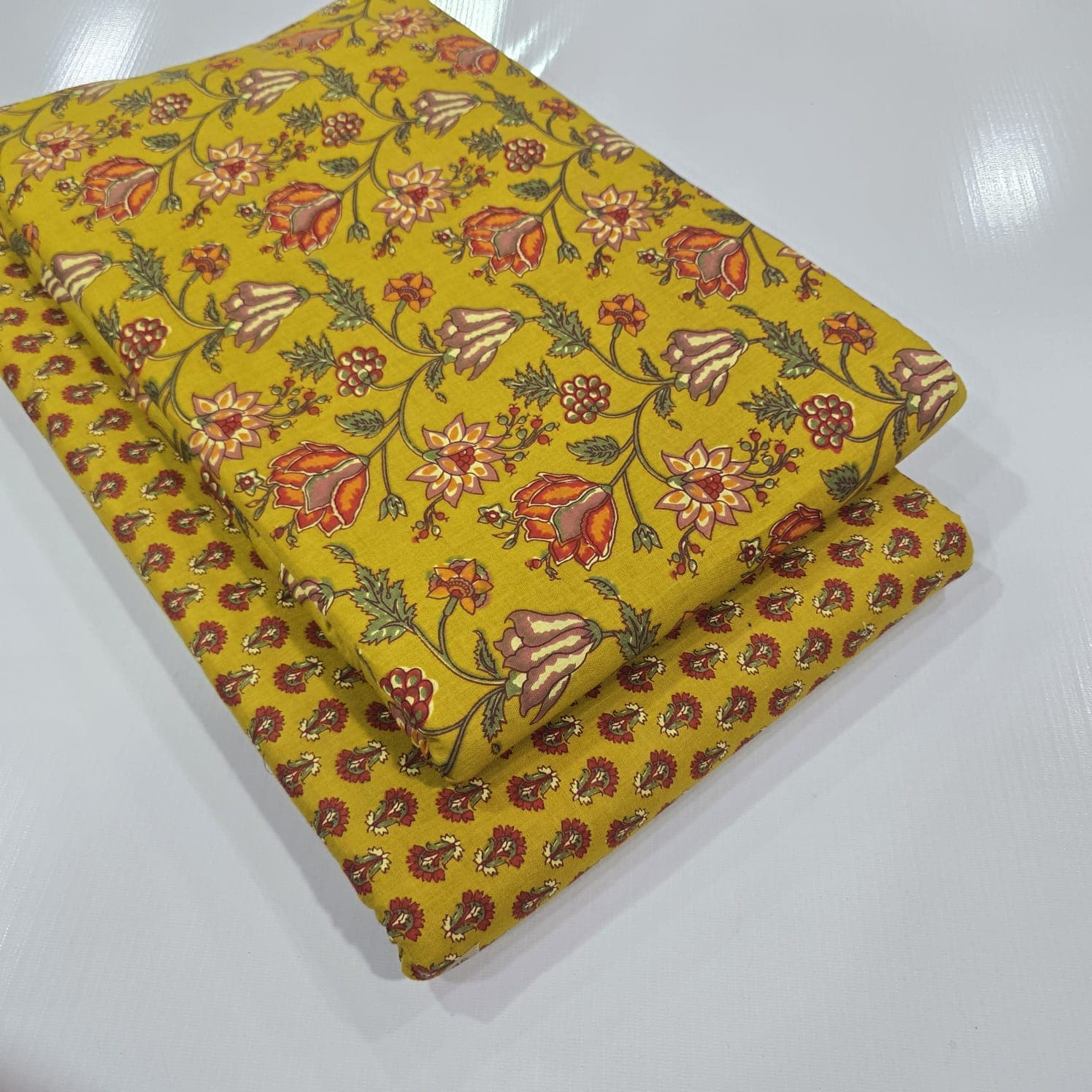 Kalamkari Floral Vine Cotton — Mustard